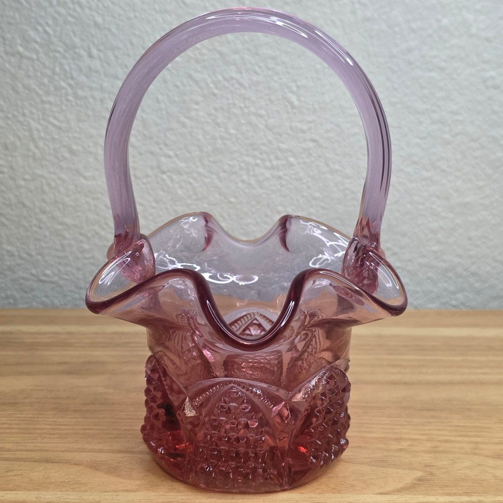 Fenton Dusty Rose Pink Button and Arches Glass Basket Twisted Handle Vintage MCM - Picture 2 of 11